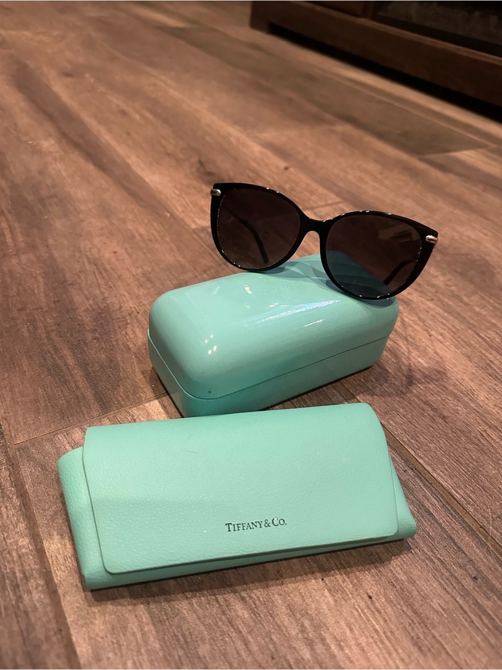 Tiffany & Co. Black Cat-Eye Sunglasses with Tiffany Blue Case and Pouch